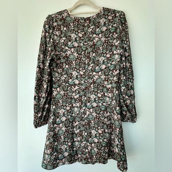 EUC Aritzia Sunday Best Grayson Floral Print Long Sleeve Mini Dress 8 Mocha Teal - Picture 16 of 16